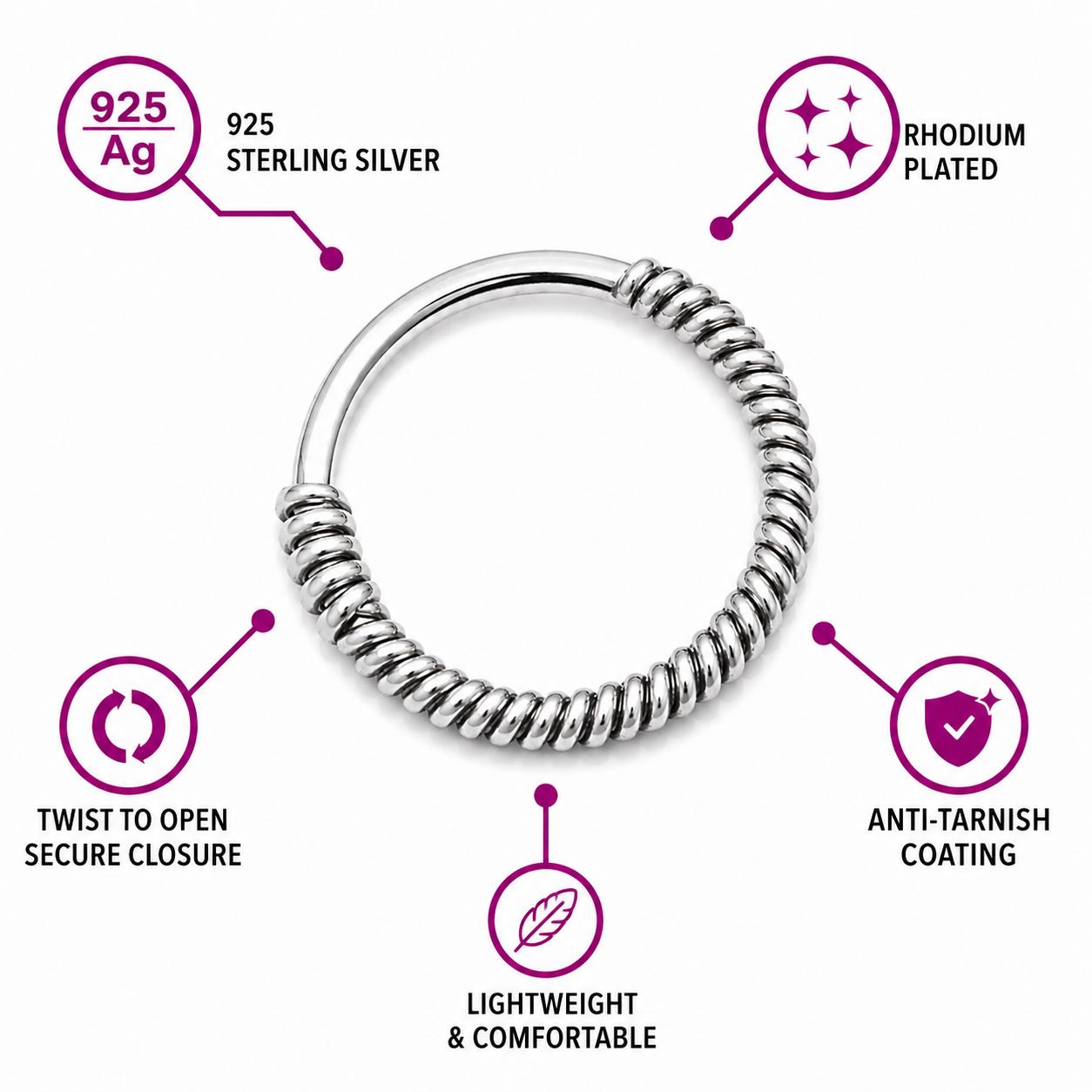 925 Sterling Silver Coiled Band Open Nose Pin - Image 3